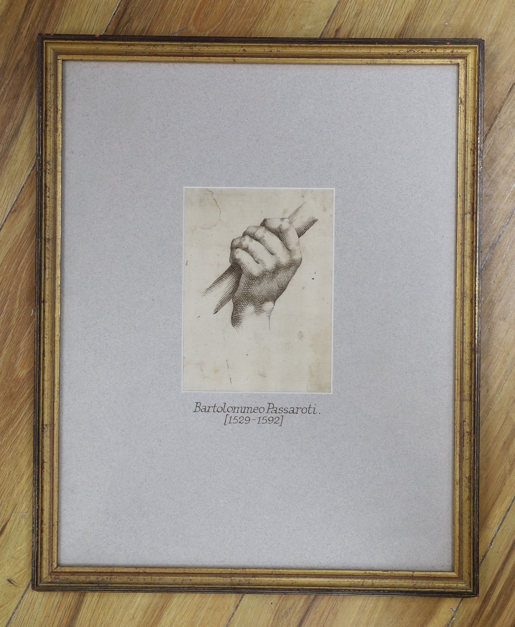 Attributed to Bartolommeo Passaroti (1529-1592), pen and ink, Study of a hand clasping a staff, 16 x 12cm